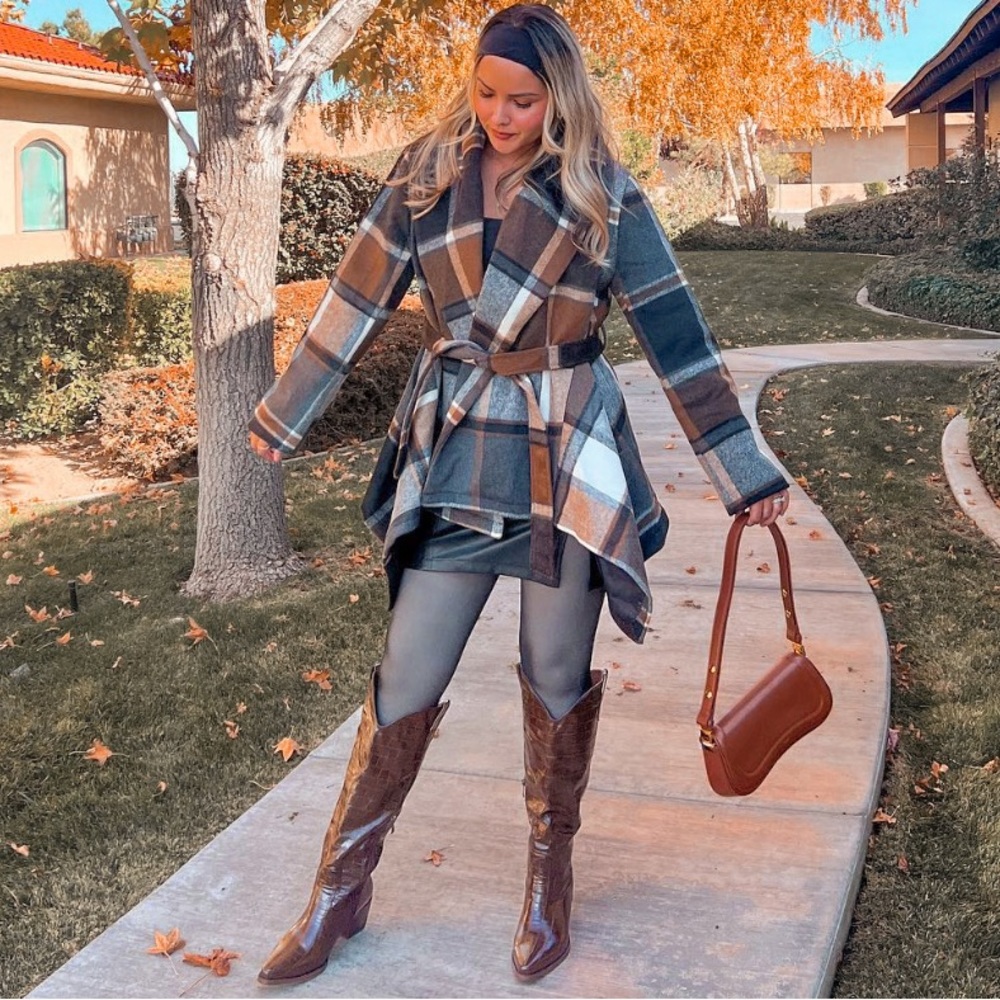 Chicwish Plaid Wrap Coat in Gray, Brown, White